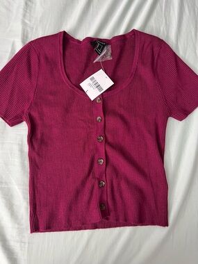 Forever21 Ribbed Button-Front Scoop Neck Top - Berry Pink